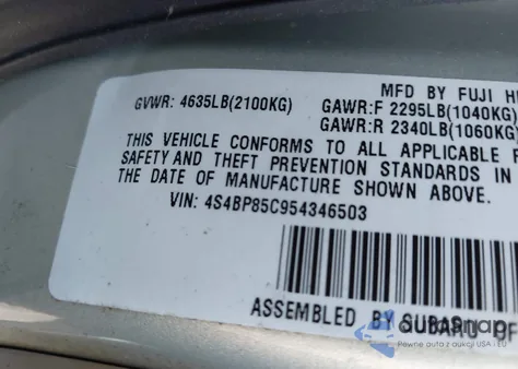 2005 Subaru Outback 3.0R Vdc Limited z USA, uszkodzony, nr VIN 4S4BP85C954346503